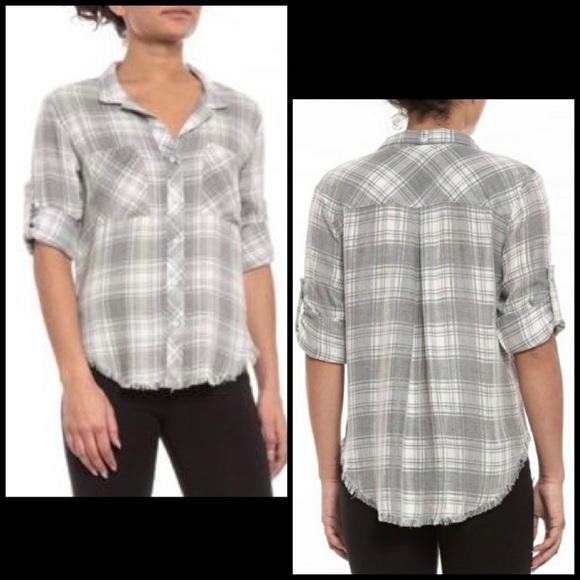 Anthropologie Tops - Anthro Cloth & Stone Gray Plaid Frayed Edge Button Down Shirt Top